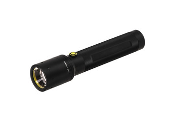 modern black metal flashlight isolated on white