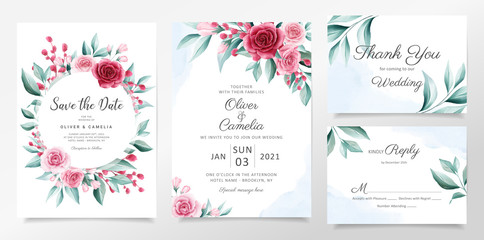 Fototapeta na wymiar Elegant watercolor botanic wedding invitation card template set with flowers decoration. Floral illustration background of peach and red botanic for invites, greeting, save the date, poster vector