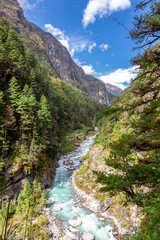 Everest, suspention bridge on the Everest Base Camp Trek, Himalaya mountains, Sagarmatha National Park, Nepal.