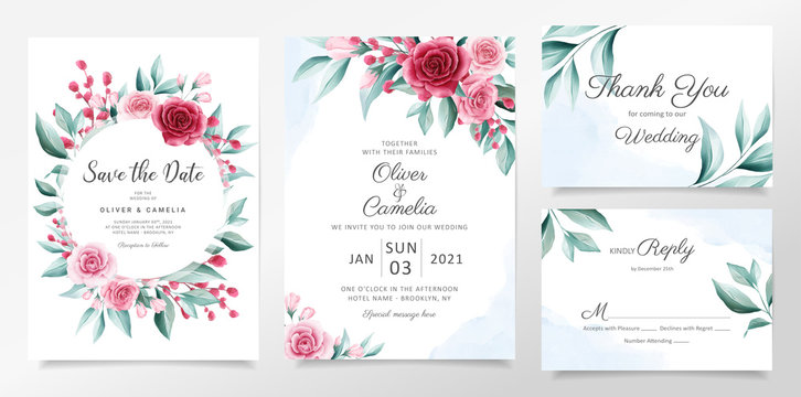 Elegant watercolor botanic wedding invitation card template set with flowers decoration. Floral illustration background of peach and red botanic for invites, greeting, save the date, poster vector