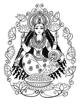 Goddess Lakshmi sits with a jug of coins among lotus flowers, black line drawing on a white background. Goddess Lakshmi, prosperity, beauty, prosperity, abundance.