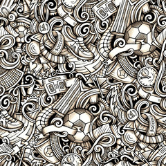 Football vector hand drawn doodles seamless pattern. Graphics background design.