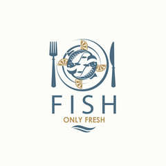 seafood menu design with fish on plate isolated