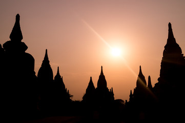 silhouette of temple at sunset in bagan