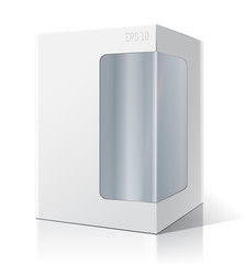 White package box with a transparent plastic window. Product Packing Vector.