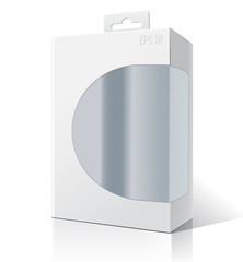 White package box with a transparent plastic window. Product Packing Vector.