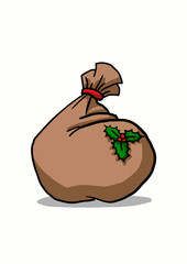 Santa Claus gifts in bag. Christmas presents sack, pile of sweets gift prize sackful and fun surprised xmas present with cartoon ribbon bow, greeting new year vector illustration