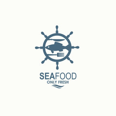 seafood menu design with fish and helm isolated