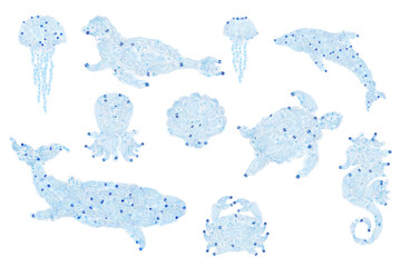 Ocean animals silhouettes from blue crumpled bottle- plastic. Isolated elements for design- concept of saving the environment and pollution of the world ocean