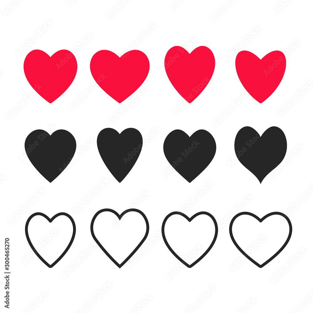 Poster heart icons set. love concepts. flat design and line design styles. black and red colors. vector hea