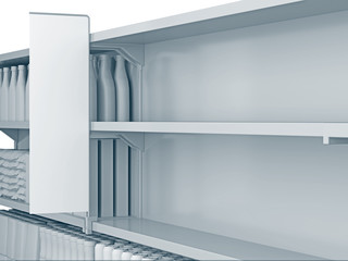shelves with shelf-stopper in a store or a shop. 3D rendering