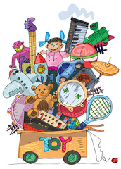 A cute wheeled toys box overloaded with huge pile of toys. Cartoon. Caricature.