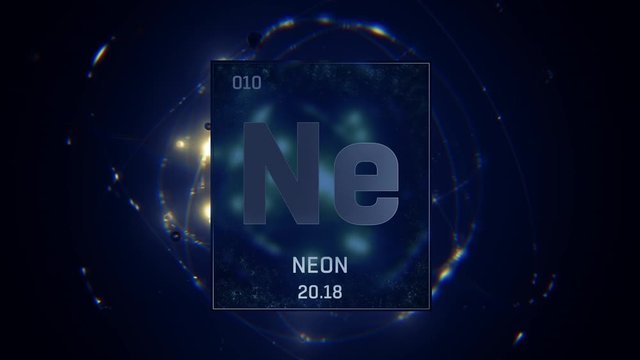Neon as Element 10 of the Periodic Table. Seamlessly looping 3D animation on blue illuminated atom design background with orbiting electrons. Design shows name, atomic weight and element number