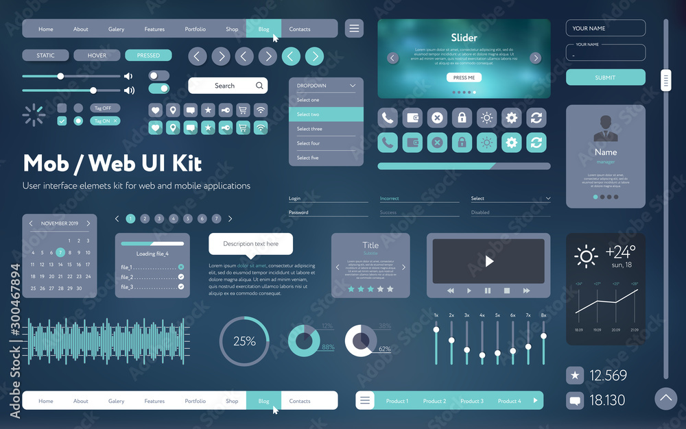 Fototapete flat mobile web ui kit. universal user interface for designing responsive websites, mobile apps. gra