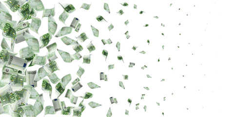 Euro banknote isolated falling background. European money bill. Business cash