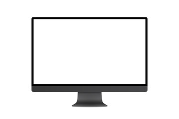 Modern design of realistic monitor screen mockup. Trendy thin frame display in dark grey metal body vector illustration.