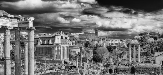 View of the Roman Forum ancient monuments and Coliseum from Capitoline Hill in Rome (Black and White)