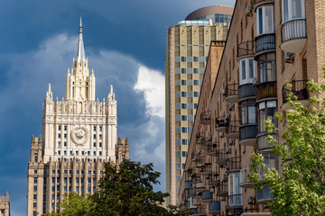 Moscow. Buildings of different architectural styles. The building of the Ministry of foreign Affairs of Russia. Residential building. Business centre. Cloudy summer day in Moscow.