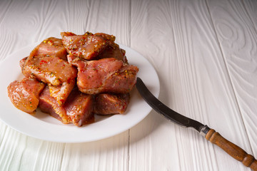 Pieces of pickled raw meat on a white plate on a white wooden background.