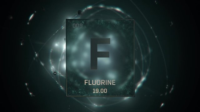Fluorine as Element 9 of the Periodic Table. Seamlessly looping 3D animation on green illuminated atom design background with orbiting electrons. Design shows name, atomic weight and element number