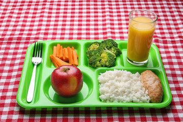 Serving tray with healthy food on checkered background. School lunch