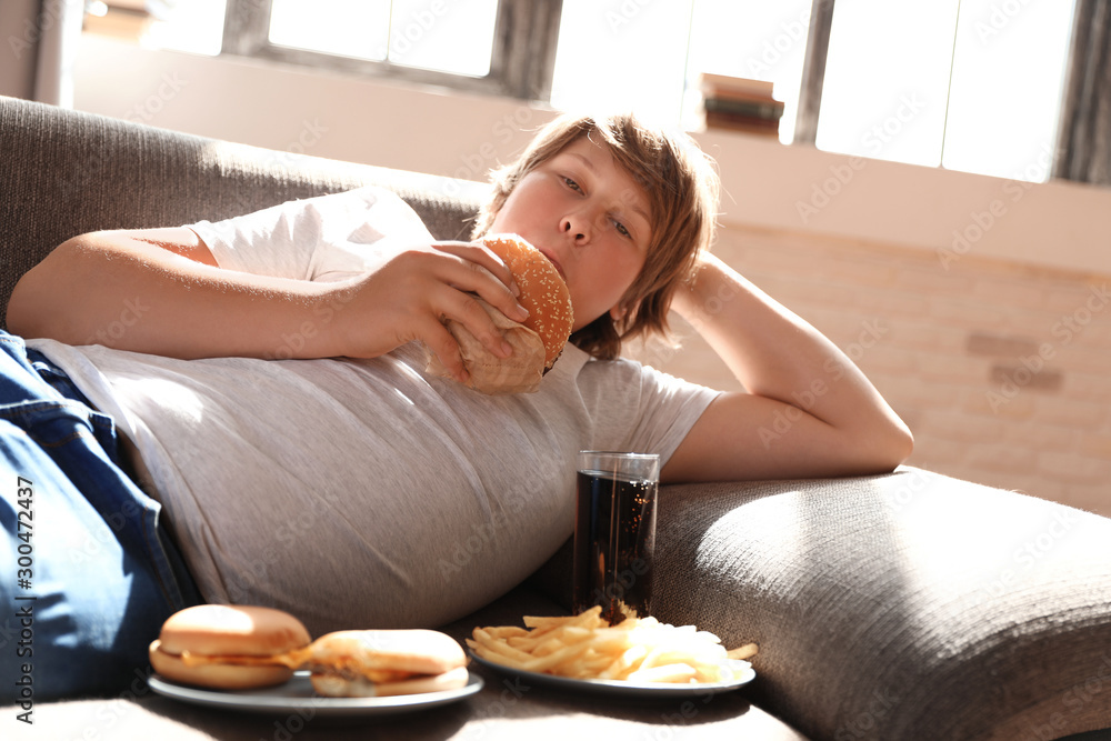 Poster Overweight boy with fast food on sofa at home