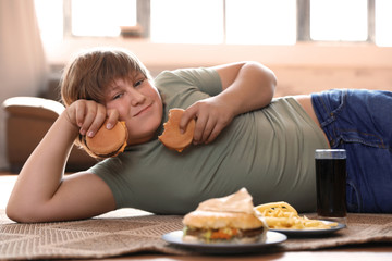 Overweight boy with fast food at home © New Africa