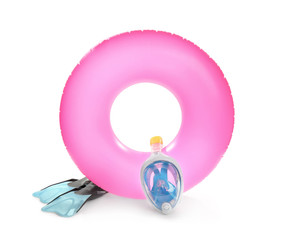 Set of bright beach accessories on white background