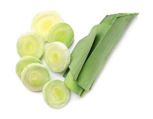 Fresh raw leek on white background. Ripe onion