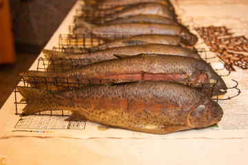 Fresh smoked fish in a smokehouse: carps, trouts