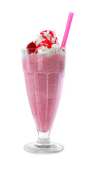 Tasty fresh milk shake in glass on white background