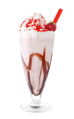 Tasty fresh milk shake in glass on white background