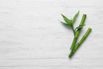 Green bamboo stems on white wooden background, top view. Space for text