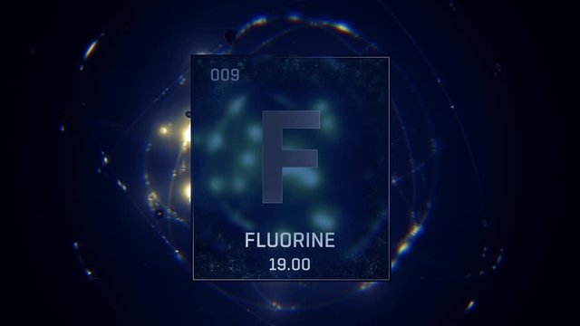 Fluorine as Element 9 of the Periodic Table. Seamlessly looping 3D animation on blue illuminated atom design background with orbiting electrons. Design shows name, atomic weight and element number