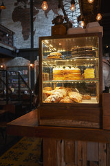 Fresh baked bakery in the counter in caffee