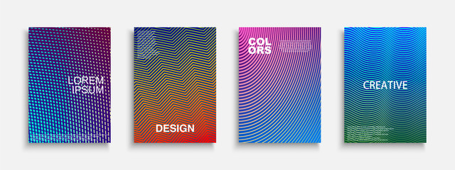 Trendy colorful minimalistic covers, templates, posters, placards, brochures, banners, flyers and etc. Abstract geometric halftone backgrounds with gradient. Digital striped patterns
