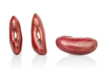 Group of three whole dried fresh red kidney beans isolated on white background