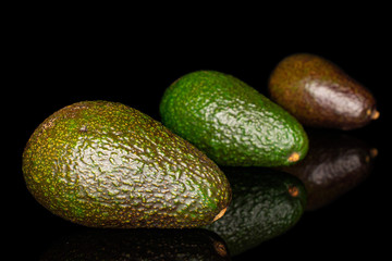 Group of three whole fresh green avocado placed diagonally isolated on black glass