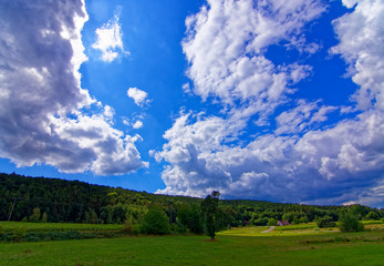 Fototapeta premium Beautiful sky with clouds over field near forest 
