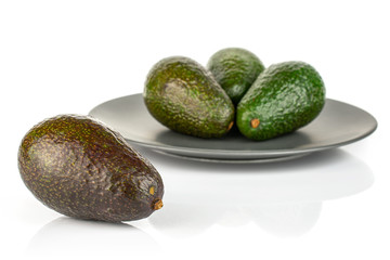 Group of four whole fresh green avocado on gray ceramic plate isolated on white background