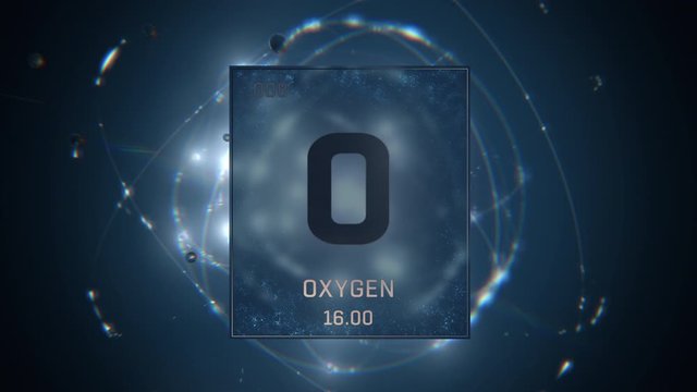 Oxygen as Element 8 of the Periodic Table. Seamlessly looping 3D animation on blue illuminated atom design background with orbiting electrons. Design shows name, atomic weight and element number