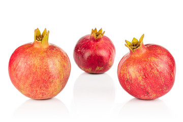 Group of three whole fresh red pomegranate isolated on white background