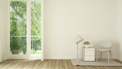 Living room in home and nature view - Relax area in living room and forest view background - Showroom design for residential artwork - 3D Rendering