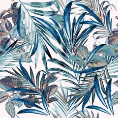 Tapeten Tropisches Vektormuster der Blumenmode mit Palmblättern im Aquarellstil © Mary fleur
