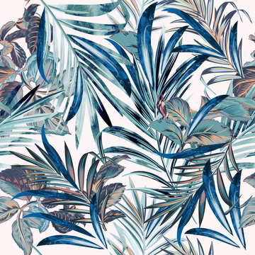 Floral fashion tropical vector pattern with palm leaves in watercolor style