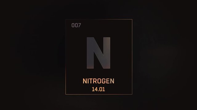 Nitrogen as Element 7 of the Periodic Table. Seamlessly looping 3D animation on grey illuminated atom design background with orbiting electrons. Design shows name, atomic weight and element number