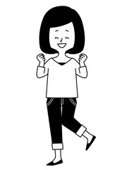 女性-ガッツポーズ-笑顔-白黒