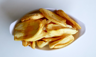 Jackfruit chips on white background.