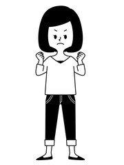 女性-ガッツポーズ-やる気・怒り-白黒