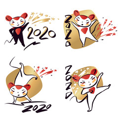 Set template image for Happy new year 2020 with white rat, mice. Lunar horoscope sign year 2020. Funny sketch line  isolate silhouette mouse with long tail. Fun robot style Vector illustration.